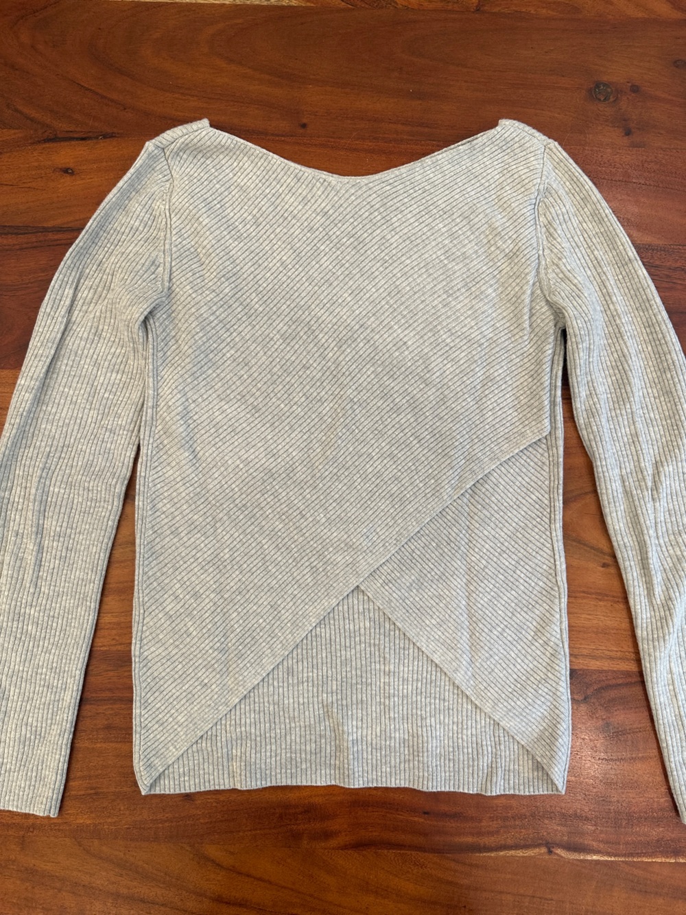 Babaton Light Gray Ribbed Sweater with Asymmetric Criss Cross Back Detail